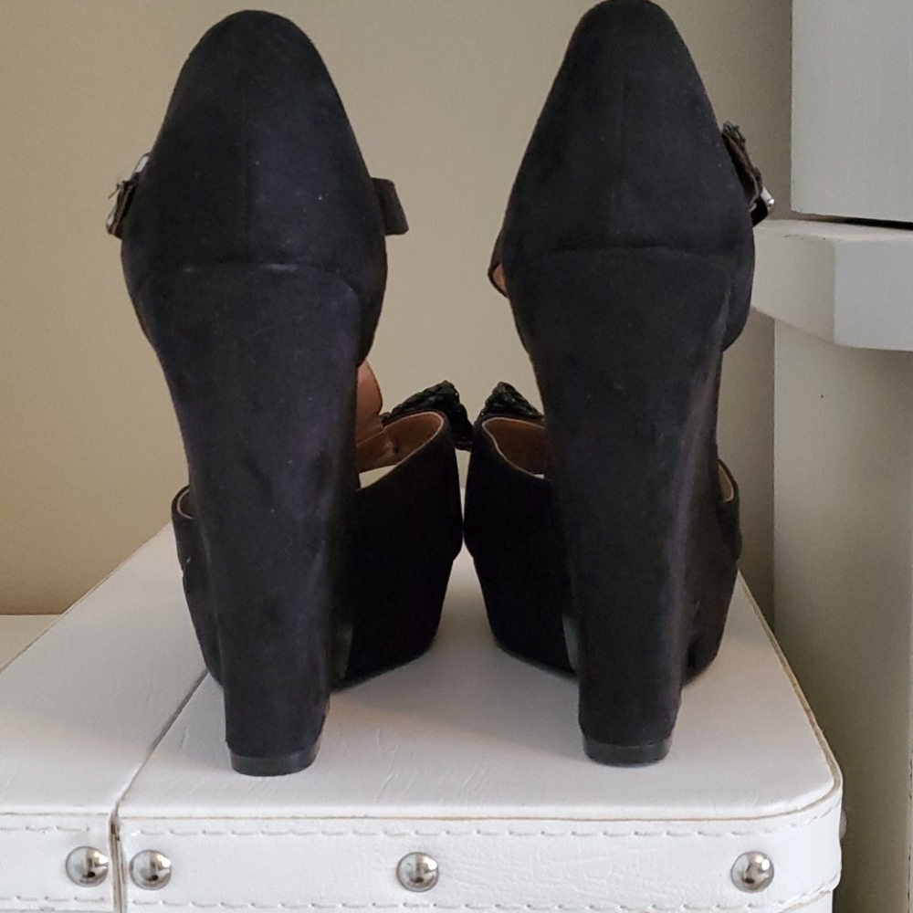 Crown Vintage black suede tstrap peep toe wedge 8 - Picture 5 of 6